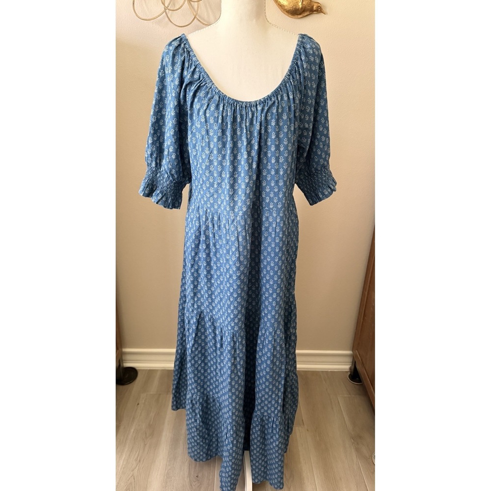 Faherty Willow Indigo Gobi Floral Organic Cotton Maxi Dress Boho Women's L